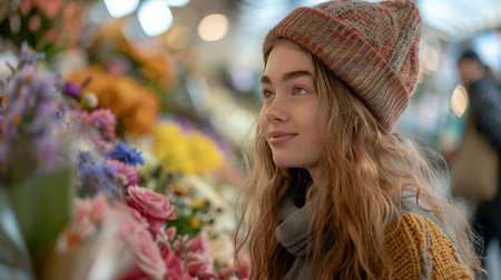 A beautiful young woman standing while gently holding a colorful bunch of flowers.の素材