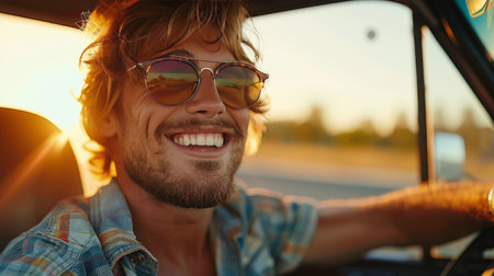 A man with sunglasses driving a car on a road, focusing on the road ahead.の素材
