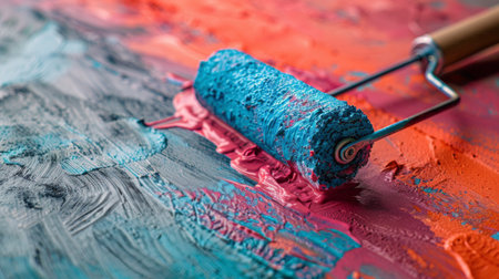 A roller brush applies paint to a piece of art, creating colorful strokes on the canvas.の素材