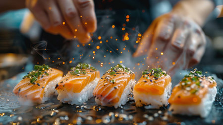 A person expertly grills sushi on a hot surface, demonstrating precision and skill in Japanese cuisine preparation.の素材