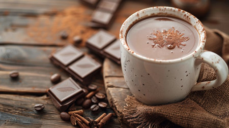 A cup of hot chocolate sits steaming on a rustic wooden table.の素材