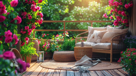 A wooden table is filled with various potted plants, creating a green and vibrant display of nature indoors.の素材