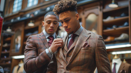 Two men dressed in suits are attentively looking at an object or scene in front of them, showing concentration and interest.の素材