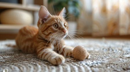 A young kitten energetically batting around an orange ball on the floor.の素材