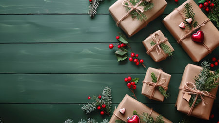 Brown paper-wrapped presents neatly secured with twine in a simple yet elegant display.の素材