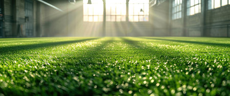 green artificial grass field indoors.の素材
