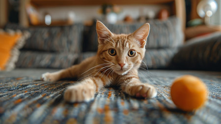 A cat leaps through the air energetically, chasing a ball in a playful manner.の素材