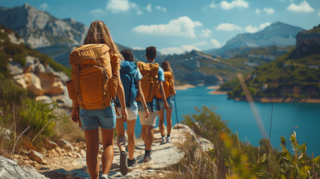 A group of individuals walking down a trail surrounded by trees and greenery in a forest setting.の素材