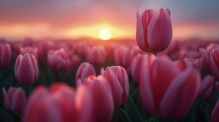 A field of pink tulips with the sun setting in the background, creating a warm and colorful landscape.の素材