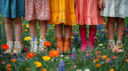 Three children of diverse backgrounds standing together in a lush field filled with colorful flowers.の素材