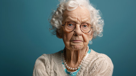 An elderly woman with glasses and a sweater, looking directly at the camera in a close-up portrait.の素材