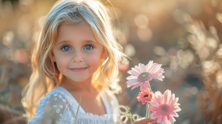 A young girl holds a delicate flower in her hand.の素材
