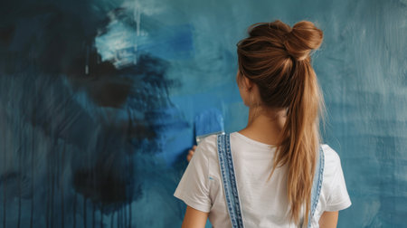 A woman is standing in front of a painting, observing it intently in an art gallery.の素材