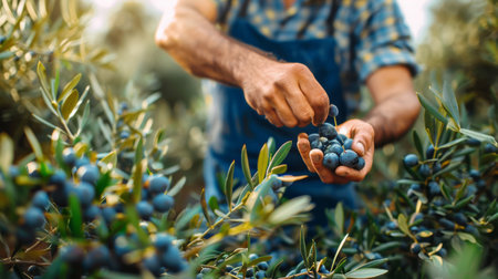 A man standing on a ladder is picking ripe olives from a trees branches in an olive grove on a sunny day.の素材