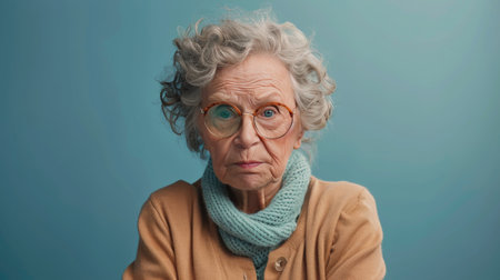 An elderly woman with glasses and a scarf around her neck standing outdoors.の素材
