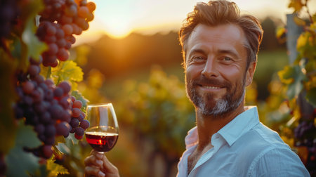 A man standing in a vineyard holding a glass of wine.の素材