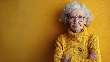 A woman wearing a yellow sweater leaning against a yellow wall.の素材