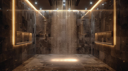 A modern living room with a couch, chair, and a shower, showing a functional and unique interior design.の素材