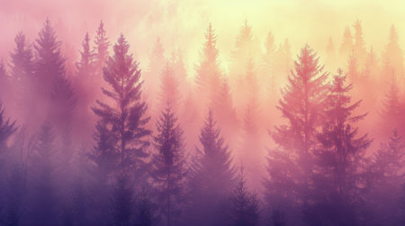 A foggy forest with numerous tall trees creating a dense canopy. The mist adds a mysterious ambiance to the scene.の素材