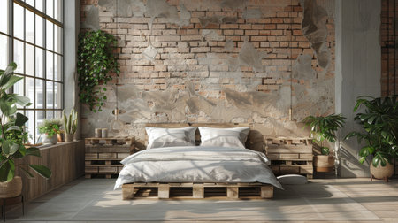 A bed is positioned in a bedroom next to a window, with sunlight streaming in through the glass.の素材