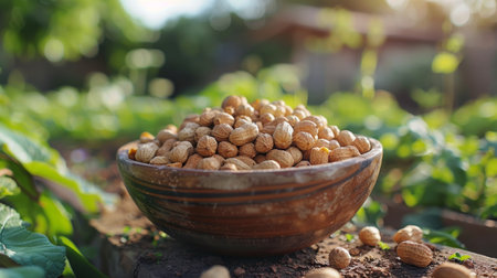 A bowl filled with peanuts placed on the ground in a natural setting.の素材