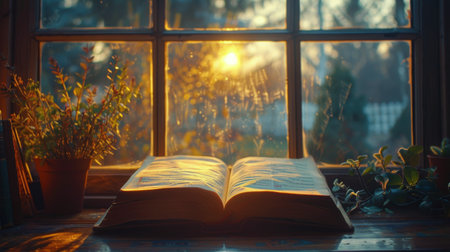 An open book rests on a window sill, bathed in natural light, creating a serene atmosphere.の素材