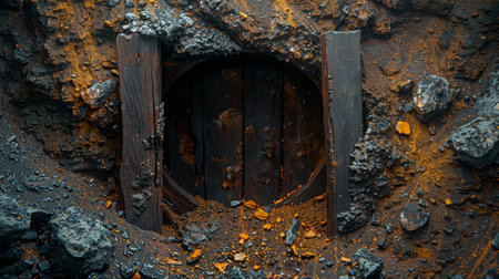 A sizable piece of wood rests atop a stack of rocks in an outdoor setting.の素材