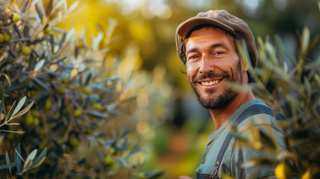 A man in a field picking ripe olives from a tree.の素材