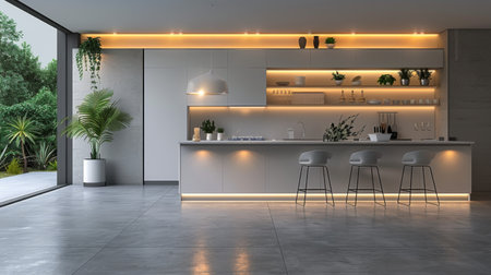 A large kitchen filled with white cabinets and a central island provides ample space for cooking and storage.の素材