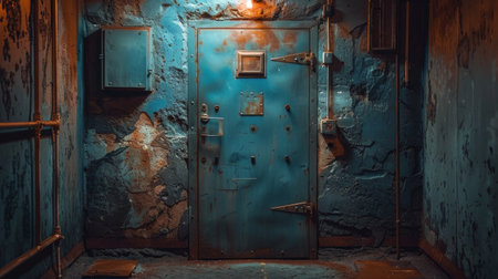 A green door stands out against graffiti-covered walls in a room filled with vibrant green hues.の素材