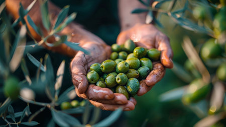 A man in a field picking ripe olives from a tree.の素材