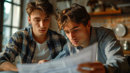 A man is seated at a table in a restaurant, looking at a menu and awaiting his meal.の素材