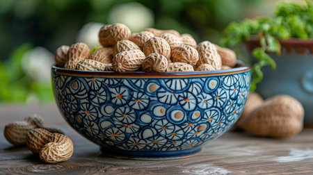 A wooden bowl filled with an assortment of nuts sits on top of a table, showing a healthy snack option.の素材