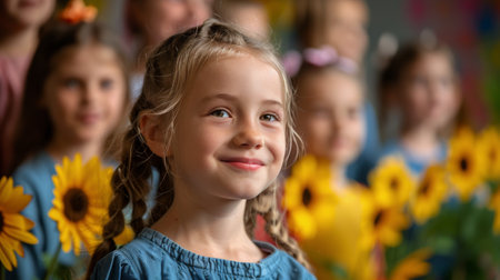 A young girl, wearing a flower crown, smiles at the camera.の素材