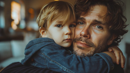 A man tenderly holds a small child in his arms, both looking content and secure.の素材