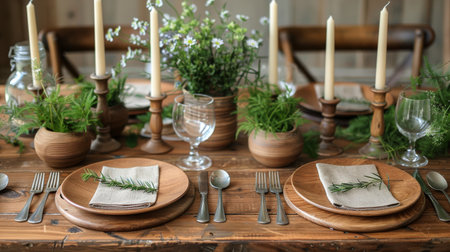 A wooden table adorned with plates and vases filled with various plants.の素材