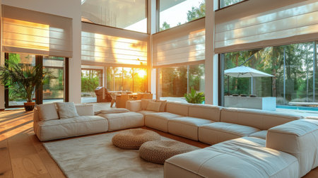 A filled living room featuring various furniture pieces arranged neatly, with a large window letting in natural light.の素材