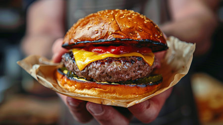 A hand tightly grips a cheeseburger loaded with melted cheese and ketchup.の素材