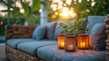 A wooden table displaying a classic lantern and a bouquet of vibrant flowers.の素材