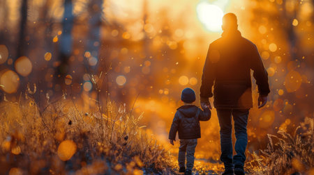 A man and a child are walking together through a field as the sun sets in the background.の素材