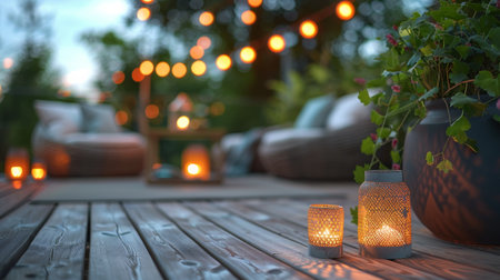 A glowing lantern rests on a sturdy wooden table.の素材
