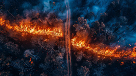 An aerial perspective of a raging forest fire consuming trees and spreading rapidly through the wilderness.の素材