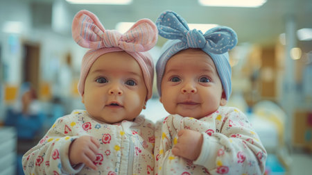A pair of babies are sitting side by side, looking curious and engaged.の素材