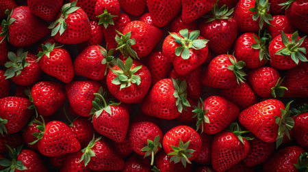 A detailed view of a cluster of ripe strawberries, showing their vibrant red color and plump texture.の素材