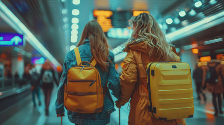 Two women standing together, each holding a suitcase in their hand.の素材
