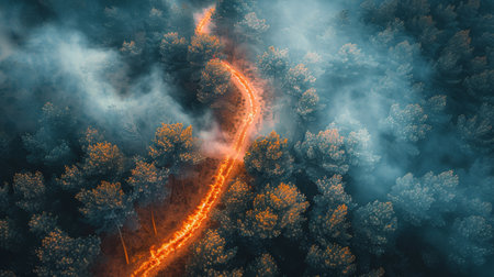 An aerial perspective of a raging forest fire consuming trees and spreading rapidly through the wilderness.の素材