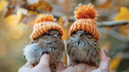 Two small birds are perched on a persons hand.の素材