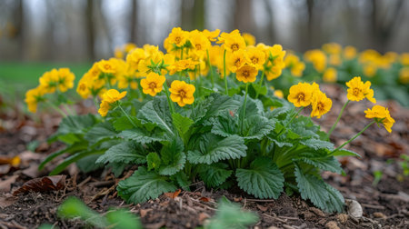 Numerous bright yellow flowers growing in the dirt with green leaves visible.の素材