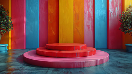 A detailed painting capturing a stage with a prominent set of stairs. The stairs lead up to the stage, adding depth and perspective to the composition.の素材