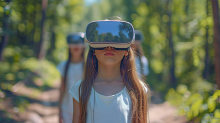 A group of young children engaged in virtual reality experiences, wearing headsets and exploring digital environments.の素材